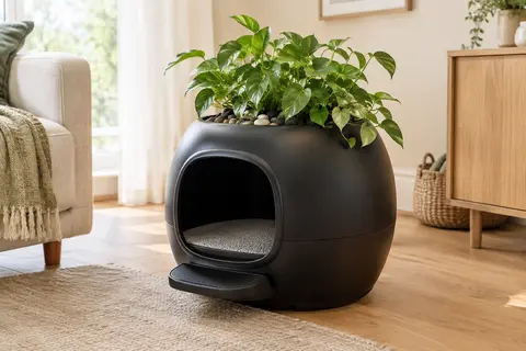 Bac à litière noir fermé en forme de pot, avec plante artificielle dans un intérieur clair.