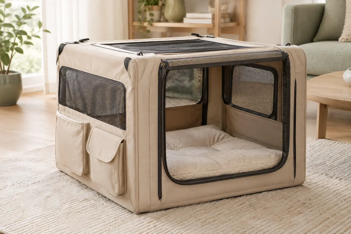 Caisse de transport pliable beige avec panneaux en filet, coussin intérieur et poches latérales