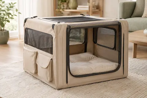 Caisse de transport pliable beige avec panneaux en filet, coussin intérieur et poches latérales
