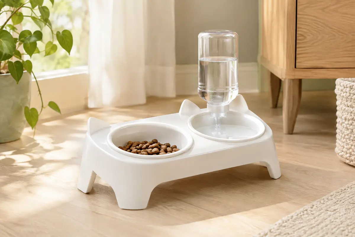Gamelle blanche à deux bols sur un support incliné, avec une réserve d’eau transparente.