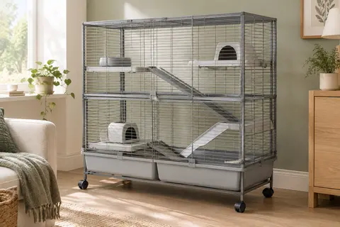 Cage double gris quartz à deux niveaux avec étagères, rampes, bacs amovibles et roulettes verrouillables