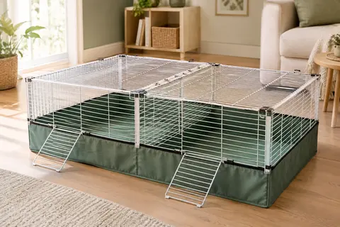 Cage basse blanche et verte pour cochons d’Inde avec toit grillagé pliant, séparation et fond textile.
