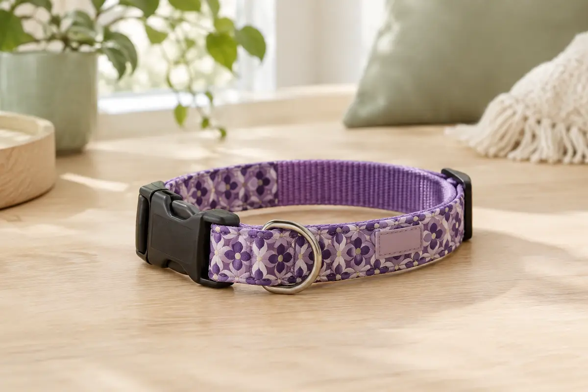Collier pour chien en polyester violet à motif bohème, avec boucle rapide et anneau métallique