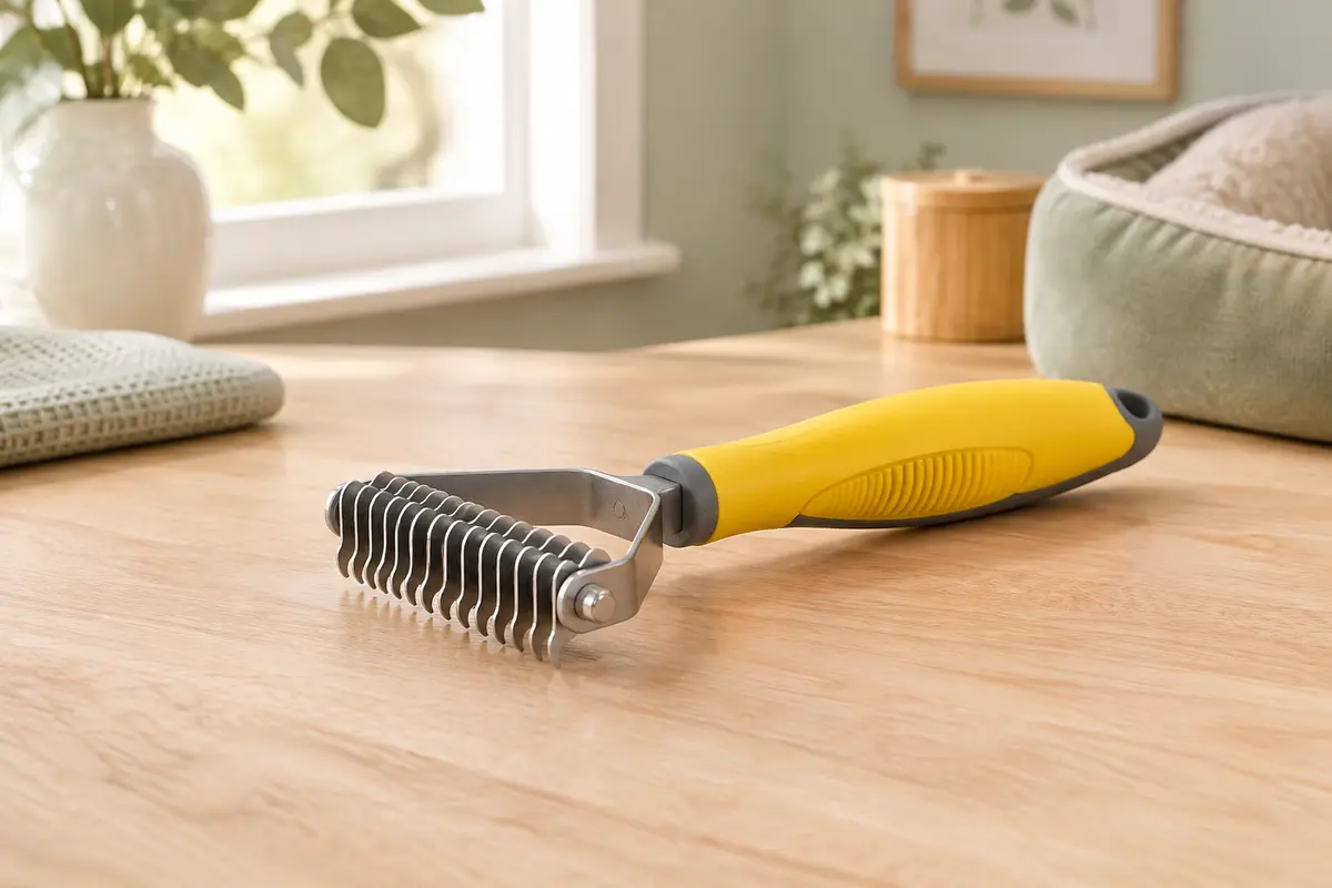 Peigne démêloir jaune Morpilot à dents en acier inoxydable posé sur une surface en bois clair