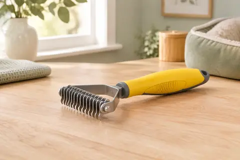 Peigne démêloir jaune Morpilot à dents en acier inoxydable posé sur une surface en bois clair