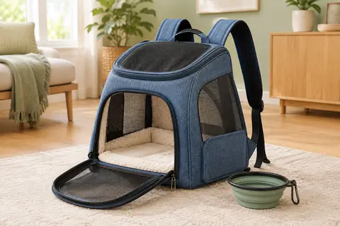 Sac à dos de transport Morpilot bleu denim avec fenêtres en maille, couchage sherpa et gamelle pliable