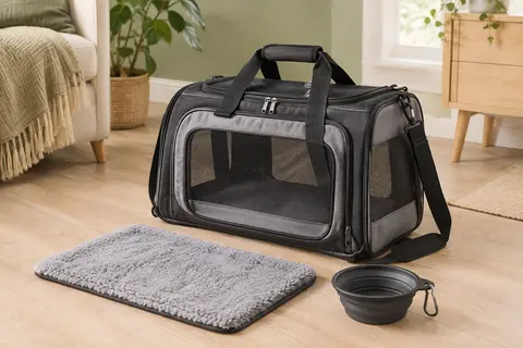 Sac de transport Morpilot noir et gris avec panneaux en maille, poignées et bandoulière, dans un intérieur lumineux.