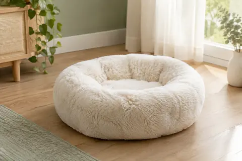 Panier donut Nepfaivy blanc en peluche, avec rebords rembourrés et forme ronde compacte pour petit animal