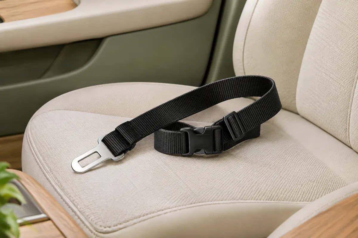 Laisse ceinture de sécurité noire en nylon avec boucle, posée sur un siège de voiture clair.