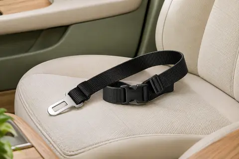 Laisse ceinture de sécurité noire en nylon avec boucle, posée sur un siège de voiture clair.
