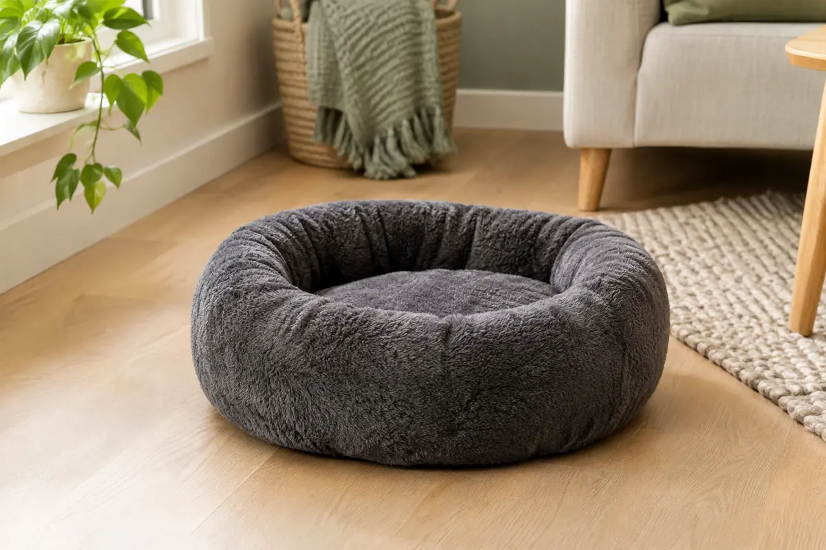 Panier rond gris foncé en peluche, avec rebords rehaussés, posé dans un intérieur clair aux tons crème et bois.