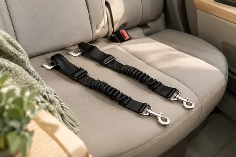 Deux sangles auto noires réglables avec boucle, mousqueton et section élastique sur une banquette.