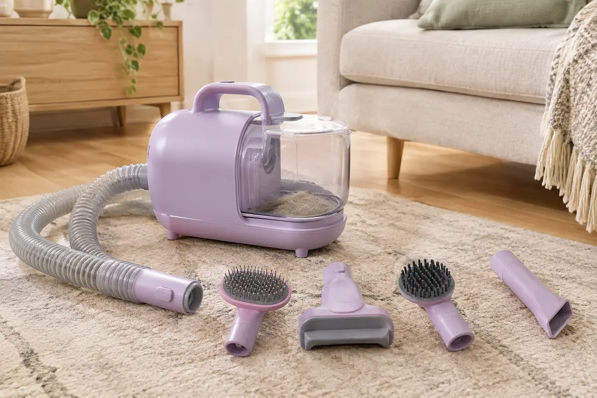 Aspirateur de toilettage lilas avec tuyau et quatre accessoires posé près d’un tapis et d’un canapé