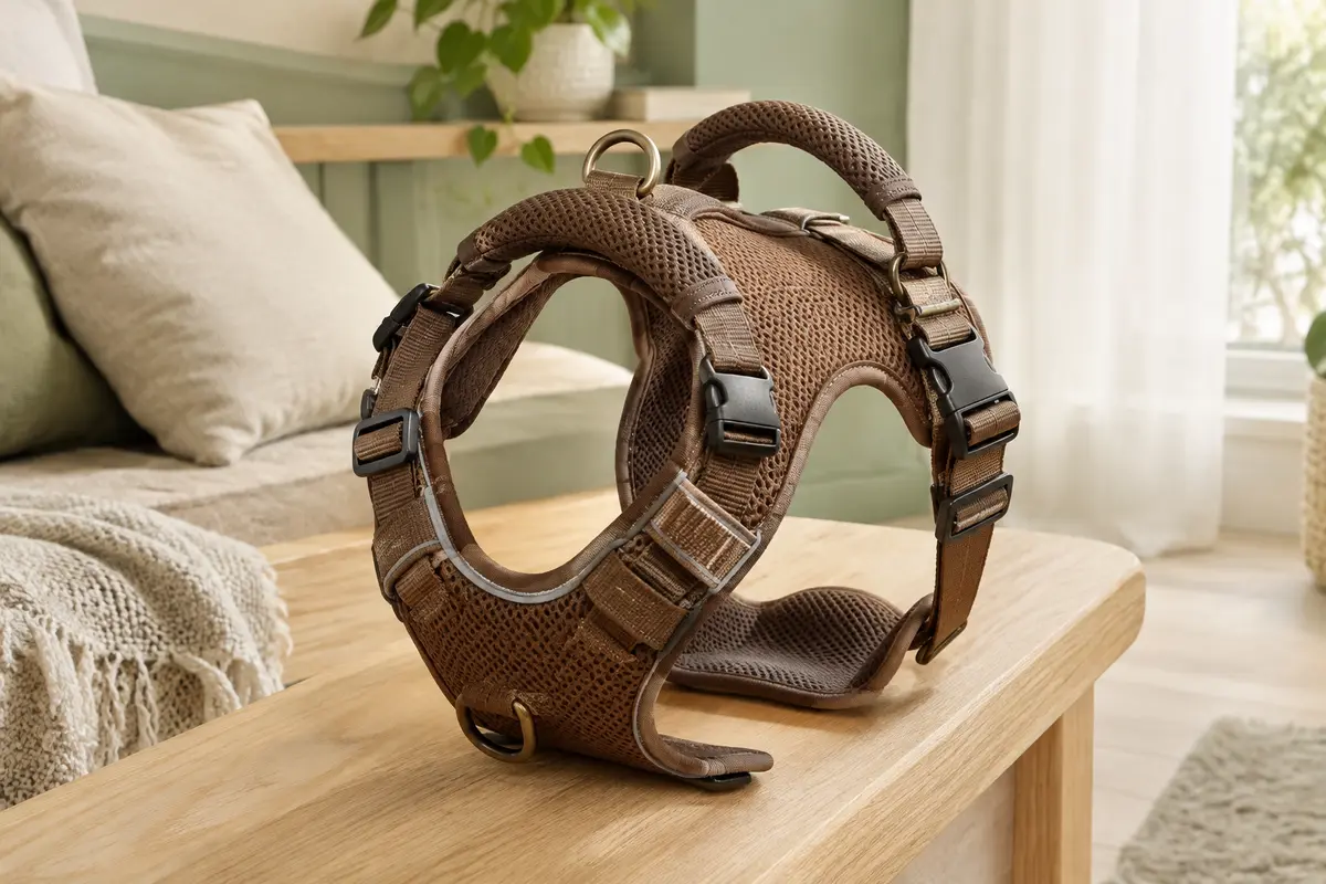 Harnais pour chien marron en maille, avec sangles réglables et deux poignées rembourrées.