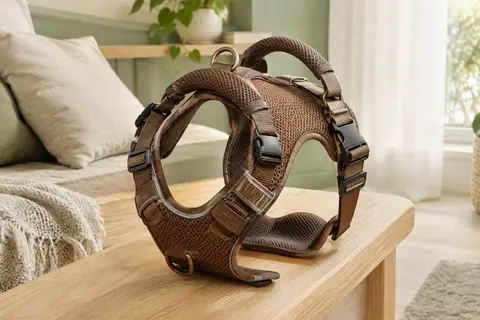 Harnais pour chien marron en maille, avec sangles réglables et deux poignées rembourrées.