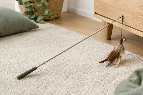 Canne à pêche Pawaboo en plastique avec plume brune et petite clochette posée sur un tapis clair