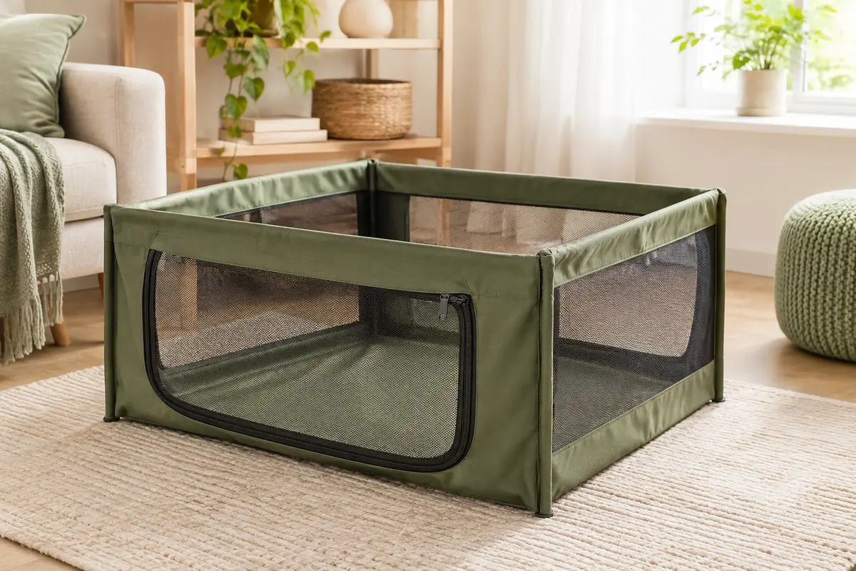 Parc Pawaboo vert avocat déployé, avec parois en tissu et panneaux en maille dans un intérieur lumineux.