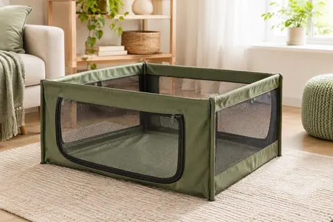 Parc Pawaboo vert avocat déployé, avec parois en tissu et panneaux en maille dans un intérieur lumineux.