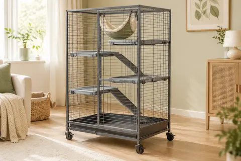 Cage PawHut grise à quatre niveaux avec rampes, hamac, plateau amovible et roulettes