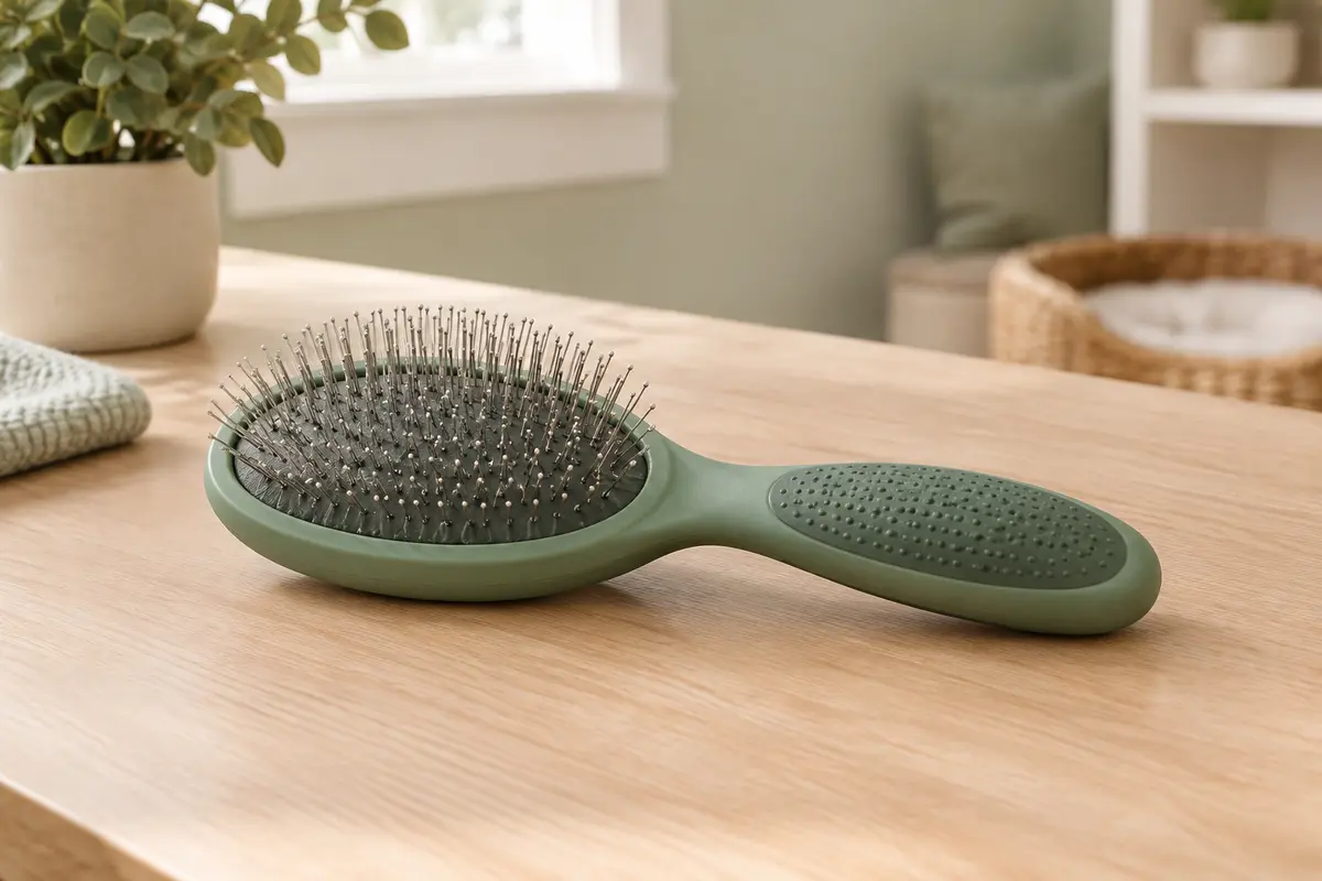 Brosse verte pour animaux à picots en acier inoxydable, posée sur une surface en bois clair.