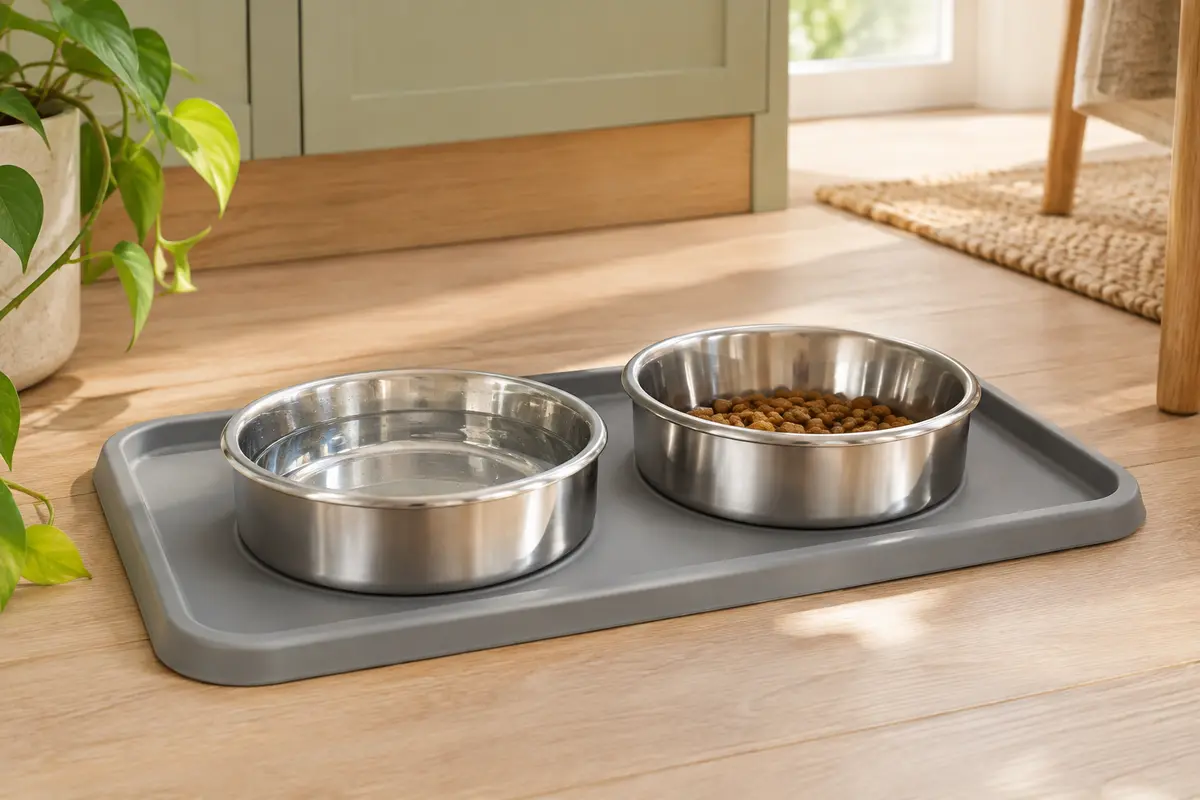 Gamelle double grise Pecute avec deux bols en inox et un tapis en silicone à rebord relevé
