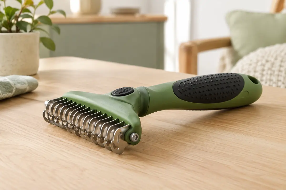 Râteau de toilettage Pecute vert à dents en acier inoxydable et bouton de nettoyage intégré
