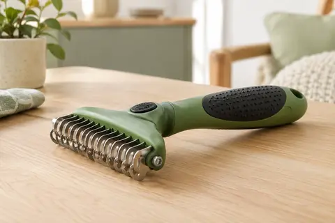 Râteau de toilettage Pecute vert à dents en acier inoxydable et bouton de nettoyage intégré