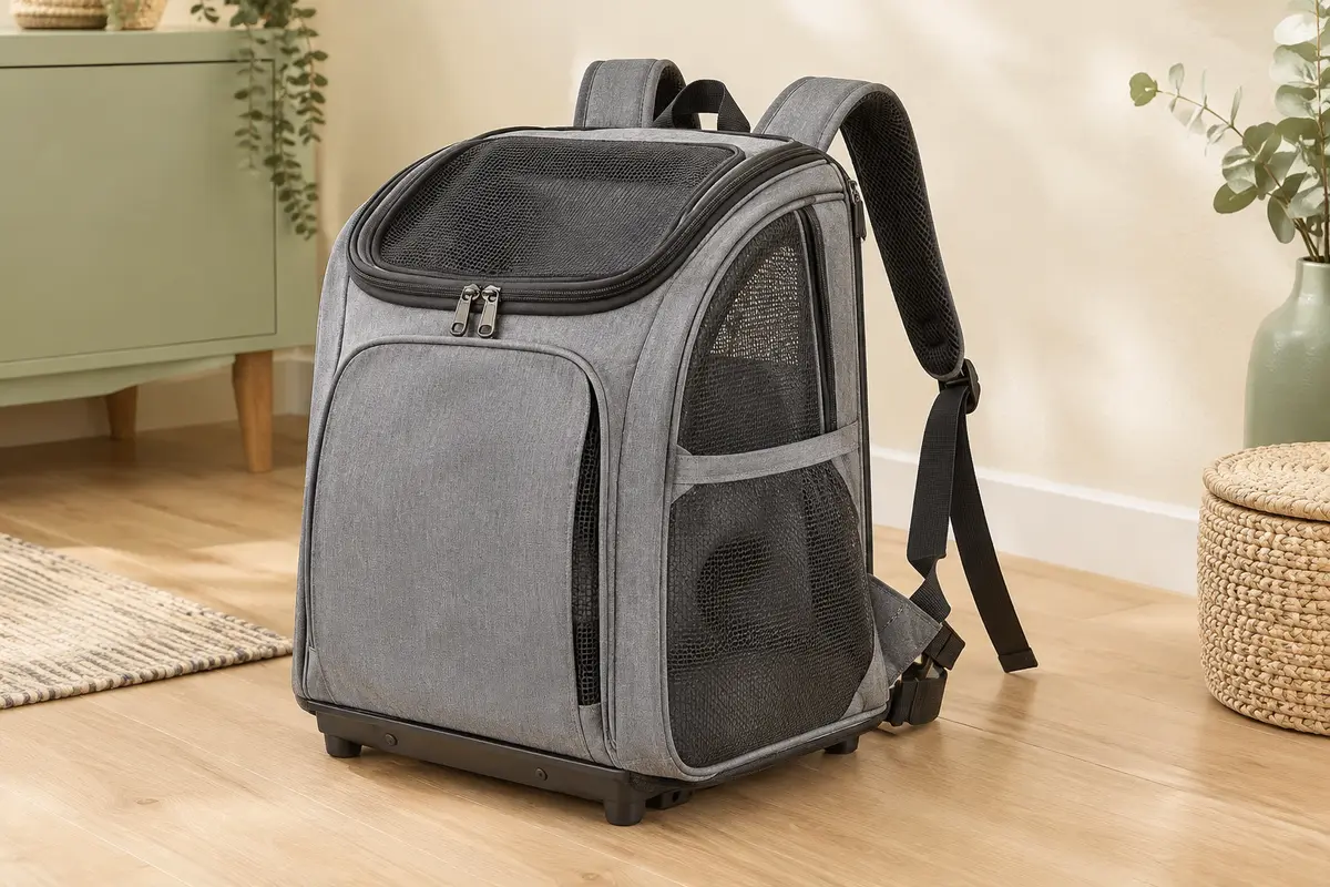 Sac à dos de transport Pecute gris avec panneaux en maille, bretelles réglables et base amovible.