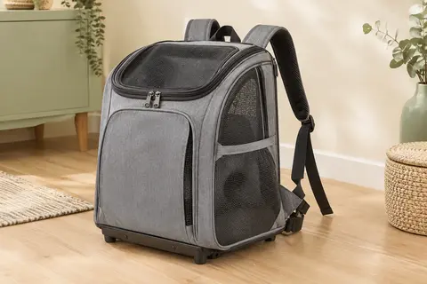 Sac à dos de transport Pecute gris avec panneaux en maille, bretelles réglables et base amovible.