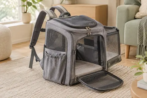 Sac à dos de transport Pecute gris avec mailles respirantes, ouvertures zippées et espace extensible