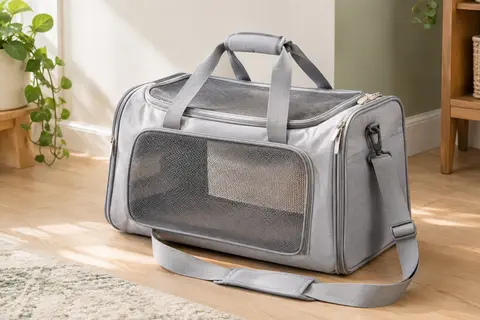 Sac de transport pour chat gris clair avec panneaux en maille et bandoulière réglable