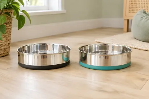 Deux gamelles peu profondes en inox pour chat, avec des fonds en silicone noir et turquoise.
