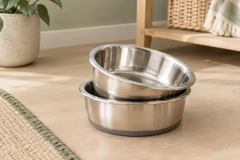 Deux gamelles profondes en inox avec base en silicone, présentées côte à côte dans un intérieur lumineux.