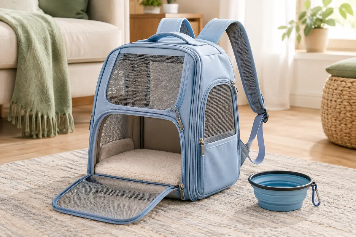 Sac à dos de transport bleu clair avec fenêtres en maille, bretelles rembourrées et intérieur doublé en sherpa