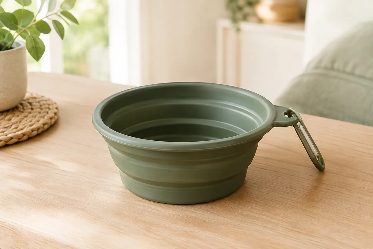 Gamelle de voyage pliable en silicone vert armée posée sur une surface en bois clair.