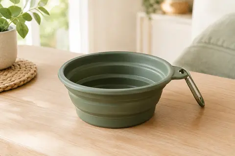 Gamelle de voyage pliable en silicone vert armée posée sur une surface en bois clair.