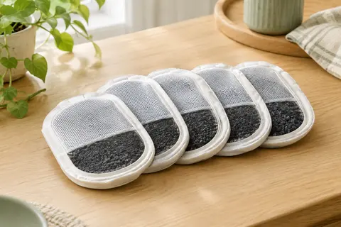 Lot de cinq filtres PETKIT multicouches posé sur une surface en bois clair dans un intérieur lumineux.
