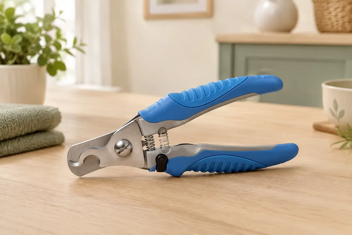 Coupe-griffes bleu pour chien avec lame en acier inoxydable, butée d’espacement et poignées antidérapantes