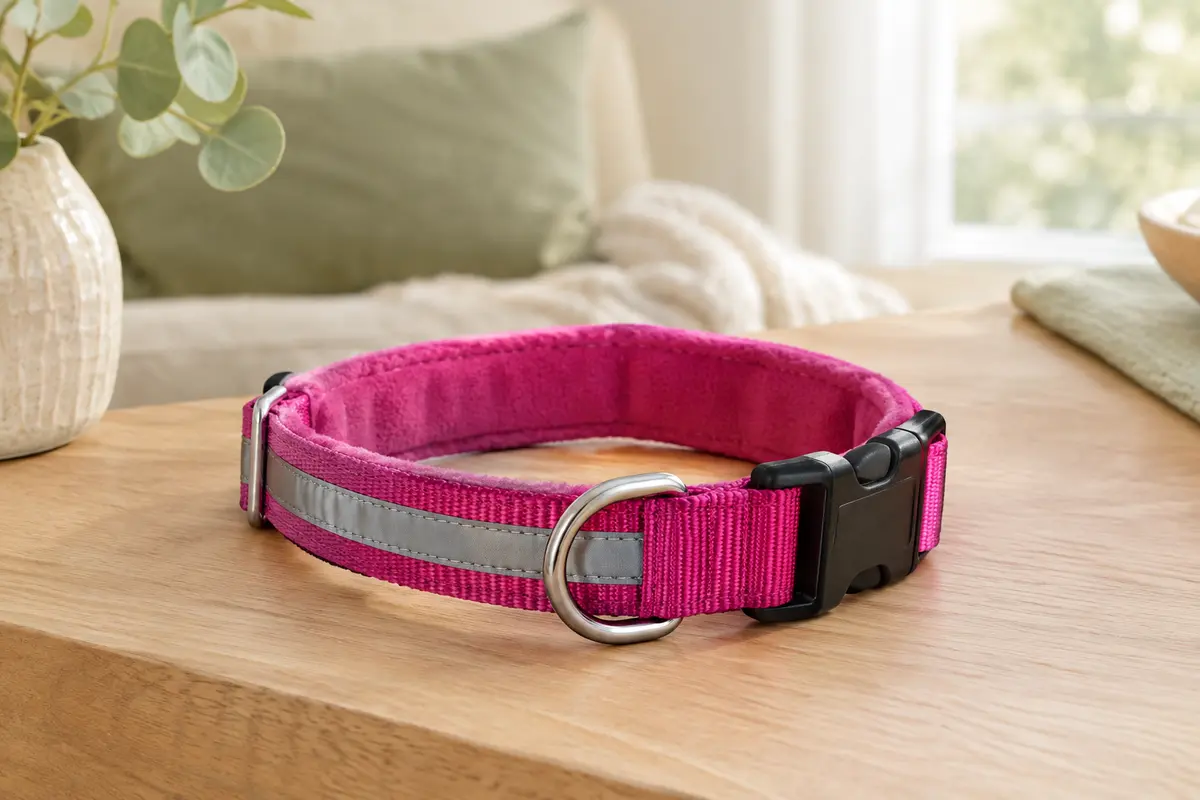 Collier pour chien PETTOM rose fuchsia, rembourré, avec bande réfléchissante et fermeture métallique