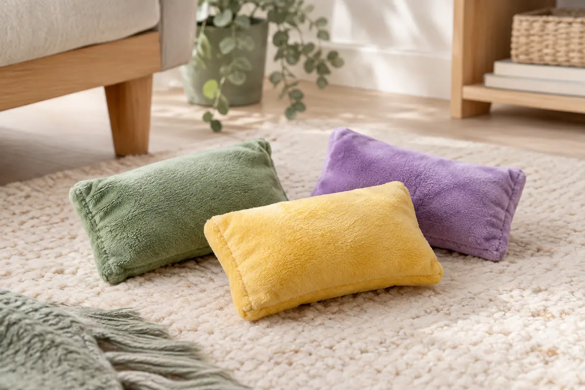 Trois coussins jouets pour chat en peluche verte, jaune et violette posés sur un tapis clair