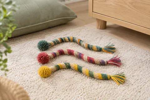 Trois jouets pour chat Potaroma en cordes multicolores posés sur un tapis clair dans un intérieur lumineux.
