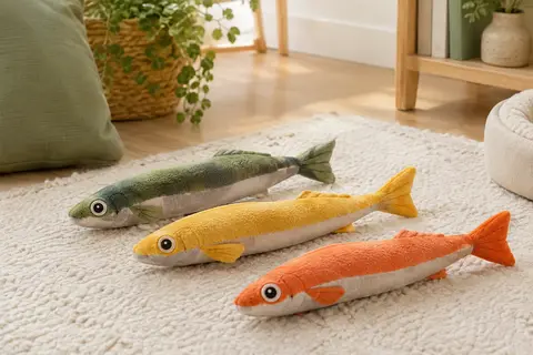 Lot de trois jouets poisson pour chat en peluche verte, jaune et orange posé dans un intérieur lumineux.