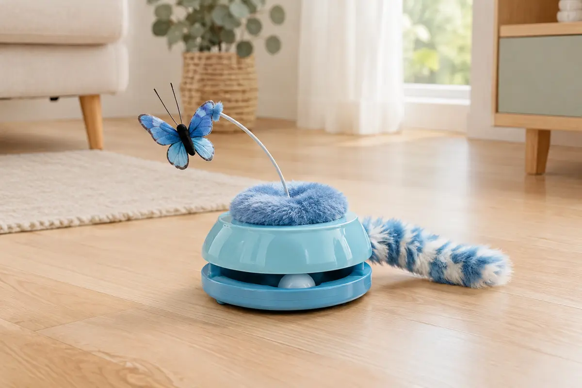 Jouet interactif bleu pour chat avec papillon mobile et élément en peluche posé dans un intérieur lumineux.
