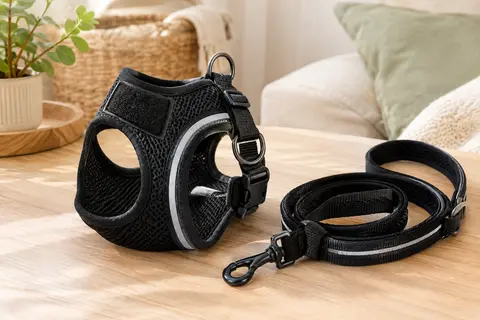 Harnais noir en maille pour petit chien avec boucle, bandes réfléchissantes et laisse assortie