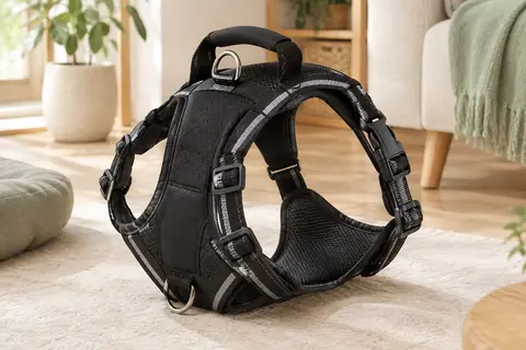Harnais noir rabbitgoo pour chien avec sangles réglables, poignée supérieure et bandes réfléchissantes
