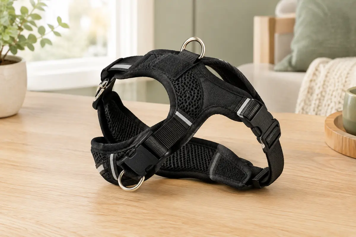 Harnais step-in noir pour petit chien, en maille respirante avec boucle et bandes réfléchissantes