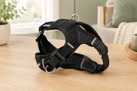Harnais step-in noir pour petit chien, en maille respirante avec boucle et bandes réfléchissantes