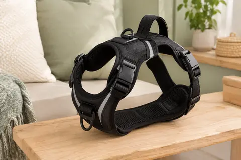 Harnais veste noir pour chien avec sangles réglables, bandes réfléchissantes et poignée dorsale
