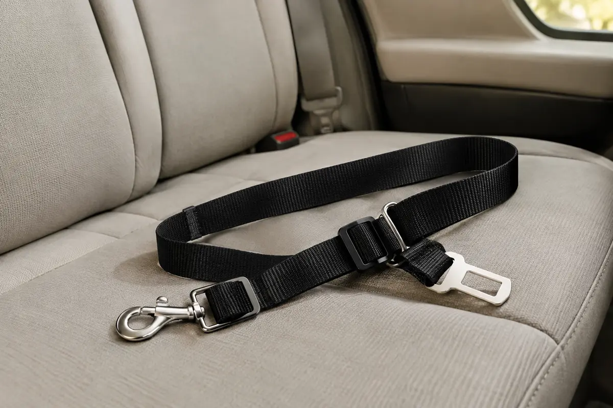 Sangle noire réglable en nylon avec boucle pivotante métallique, posée sur une banquette de voiture.
