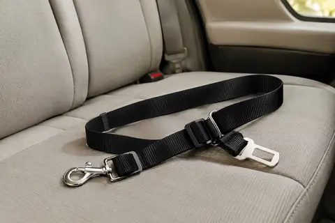 Sangle noire réglable en nylon avec boucle pivotante métallique, posée sur une banquette de voiture.
